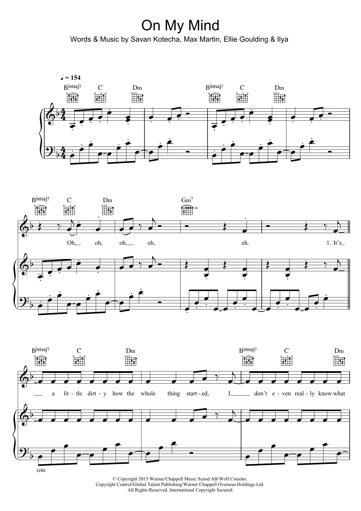 Ellie Goulding On My Mind sheet music notes and chords arranged for Piano, Vocal & Guitar Chords