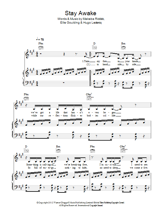 Ellie Goulding Stay Awake sheet music notes and chords arranged for Piano, Vocal & Guitar Chords
