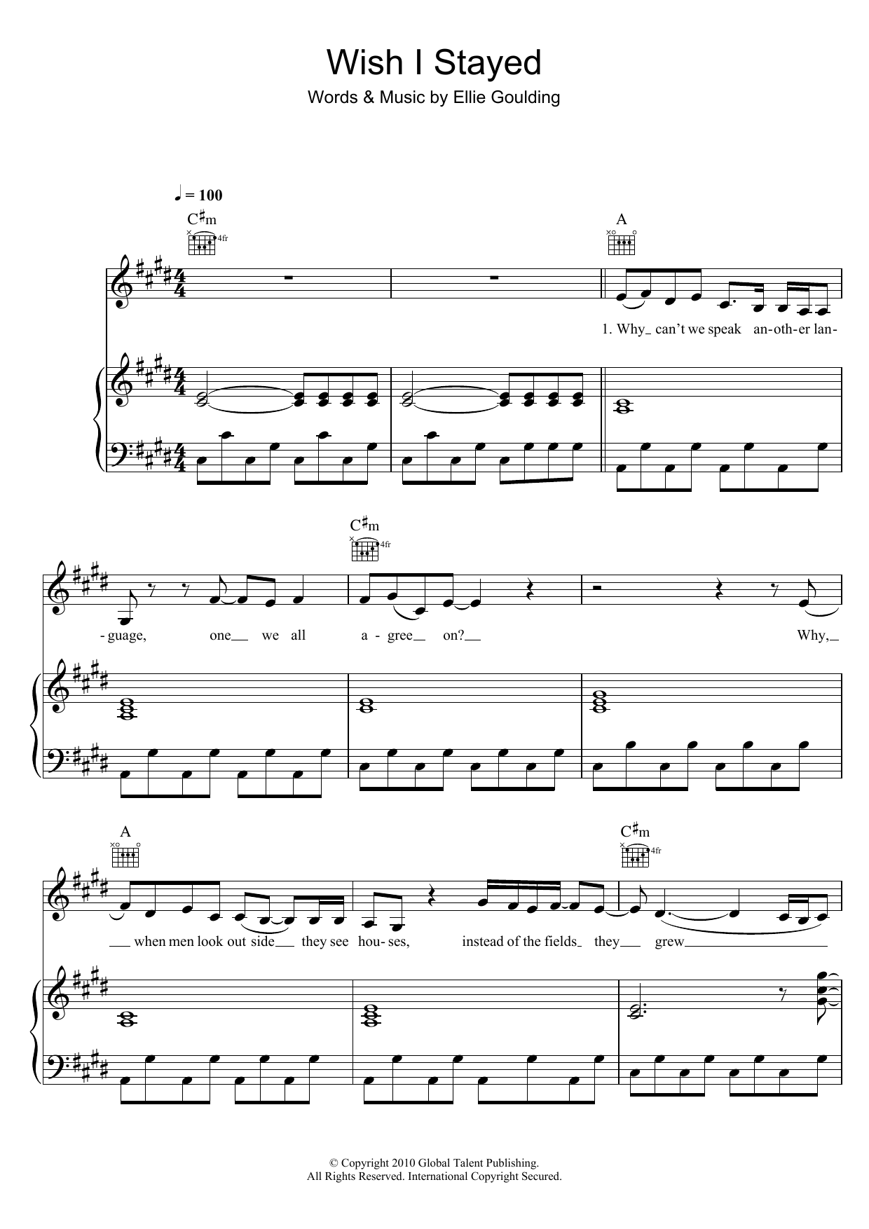 Ellie Goulding Wish I Stayed sheet music notes and chords arranged for Piano, Vocal & Guitar Chords