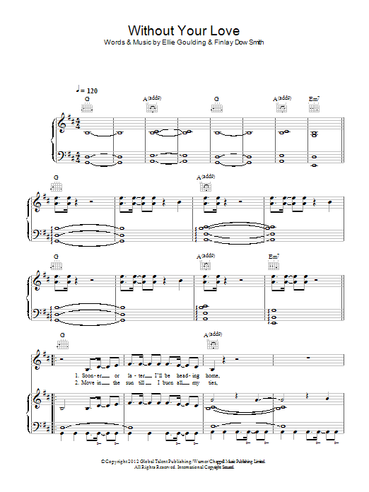 Ellie Goulding Without Your Love sheet music notes and chords arranged for Piano, Vocal & Guitar Chords