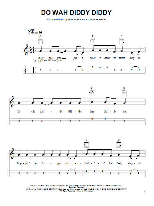 Ellie Greenwich Do Wah Diddy Diddy sheet music notes and chords arranged for Easy Ukulele Tab