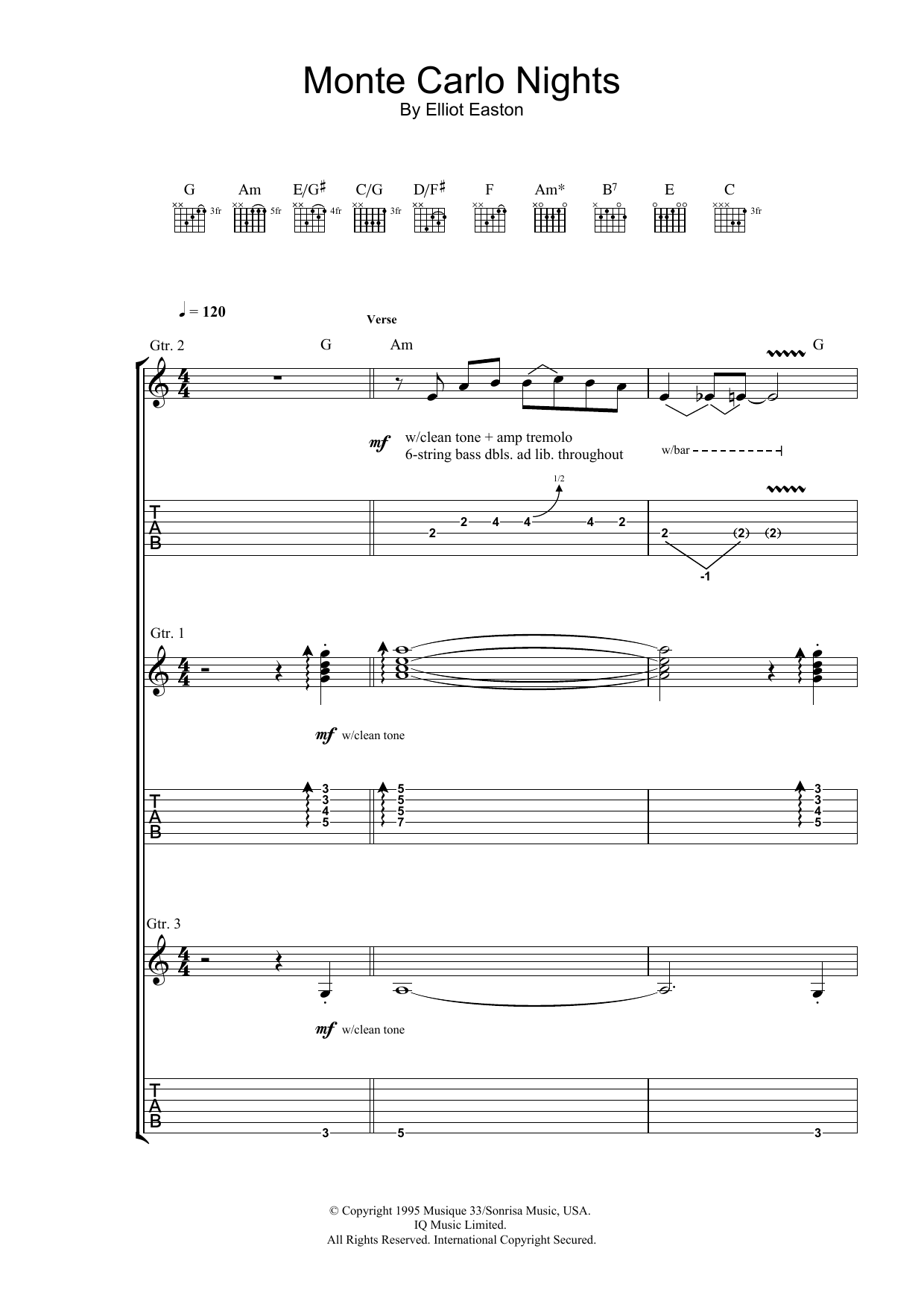 Elliot Easton Monte Carlo Nights (from Jackie Brown) sheet music notes and chords arranged for Guitar Tab