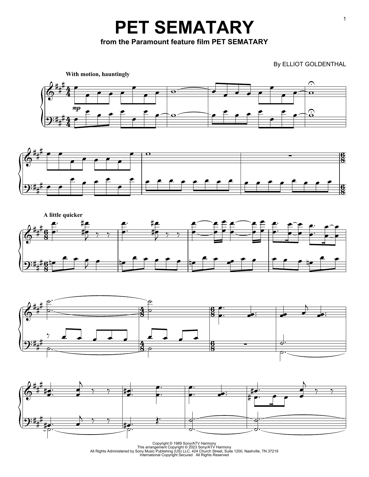 Elliot Goldenthal Pet Sematary sheet music notes and chords arranged for Piano Solo