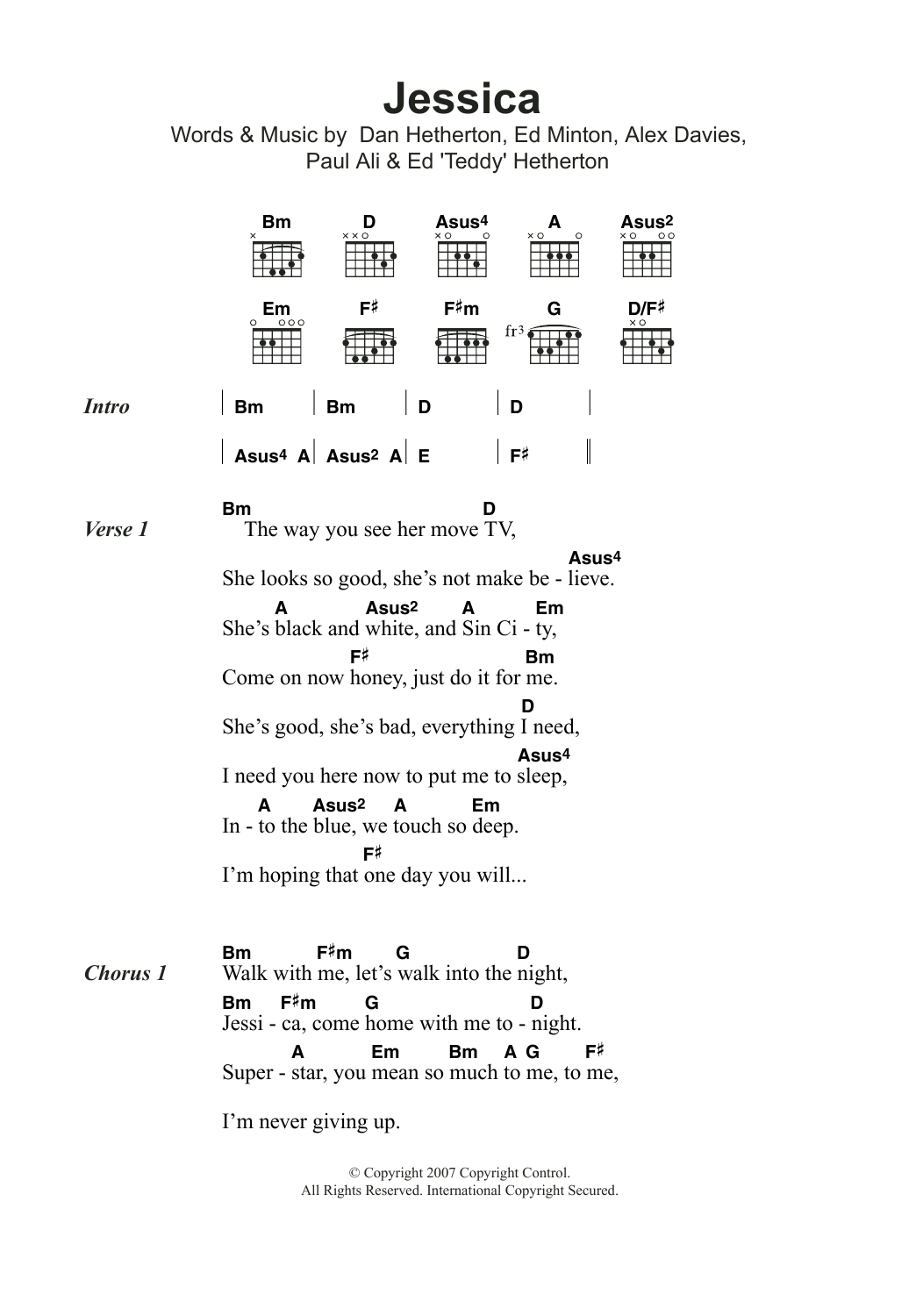 Elliot Minor Jessica sheet music notes and chords arranged for Guitar Chords/Lyrics