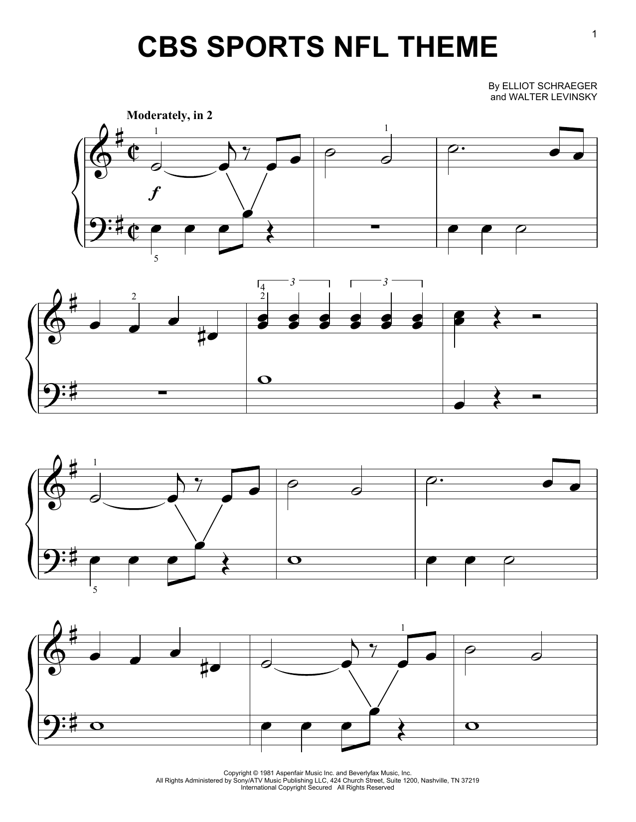 Elliot Schraeger and Walter Levinsky CBS Sports NFL Theme sheet music notes and chords arranged for Big Note Piano