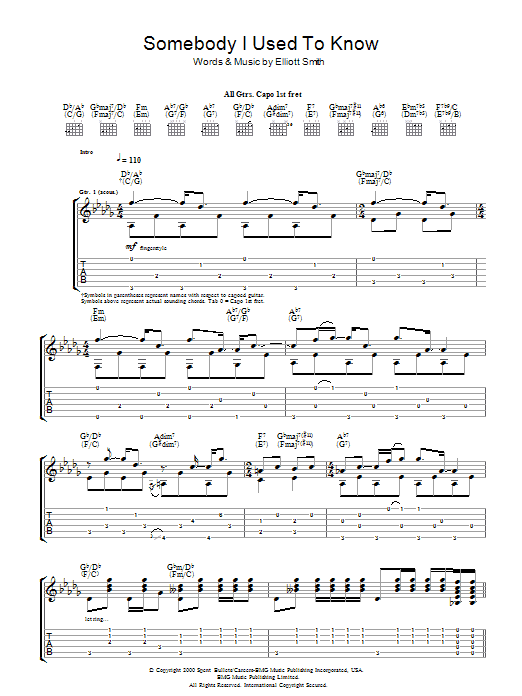 Elliot Smith Somebody That I Used To Know sheet music notes and chords arranged for Guitar Tab