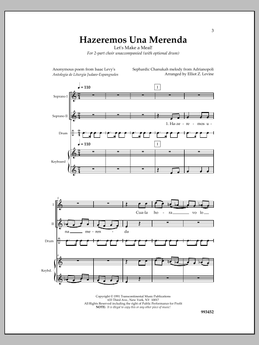 Elliot Z. Levine Hazeremos Una Merenda sheet music notes and chords arranged for 2-Part Choir