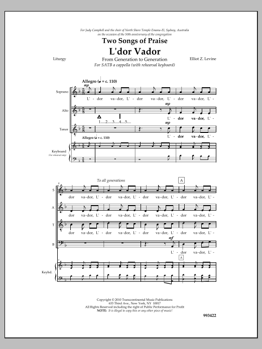 Elliot Z. Levine Two Songs Of Praise: L'dor Vador And Psalm 146 sheet music notes and chords arranged for SATB Choir