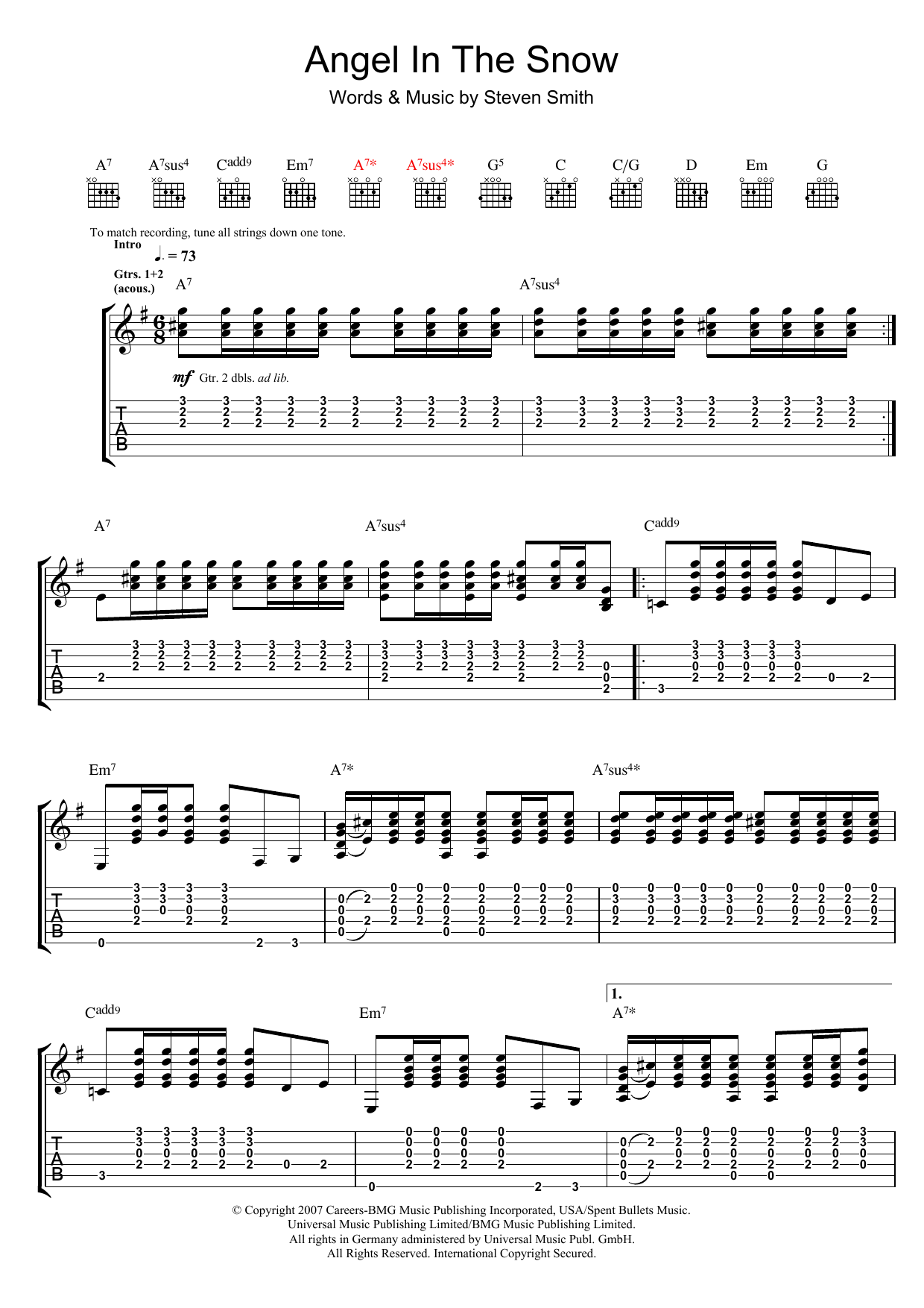 Elliott Smith Angel In The Snow sheet music notes and chords arranged for Guitar Tab