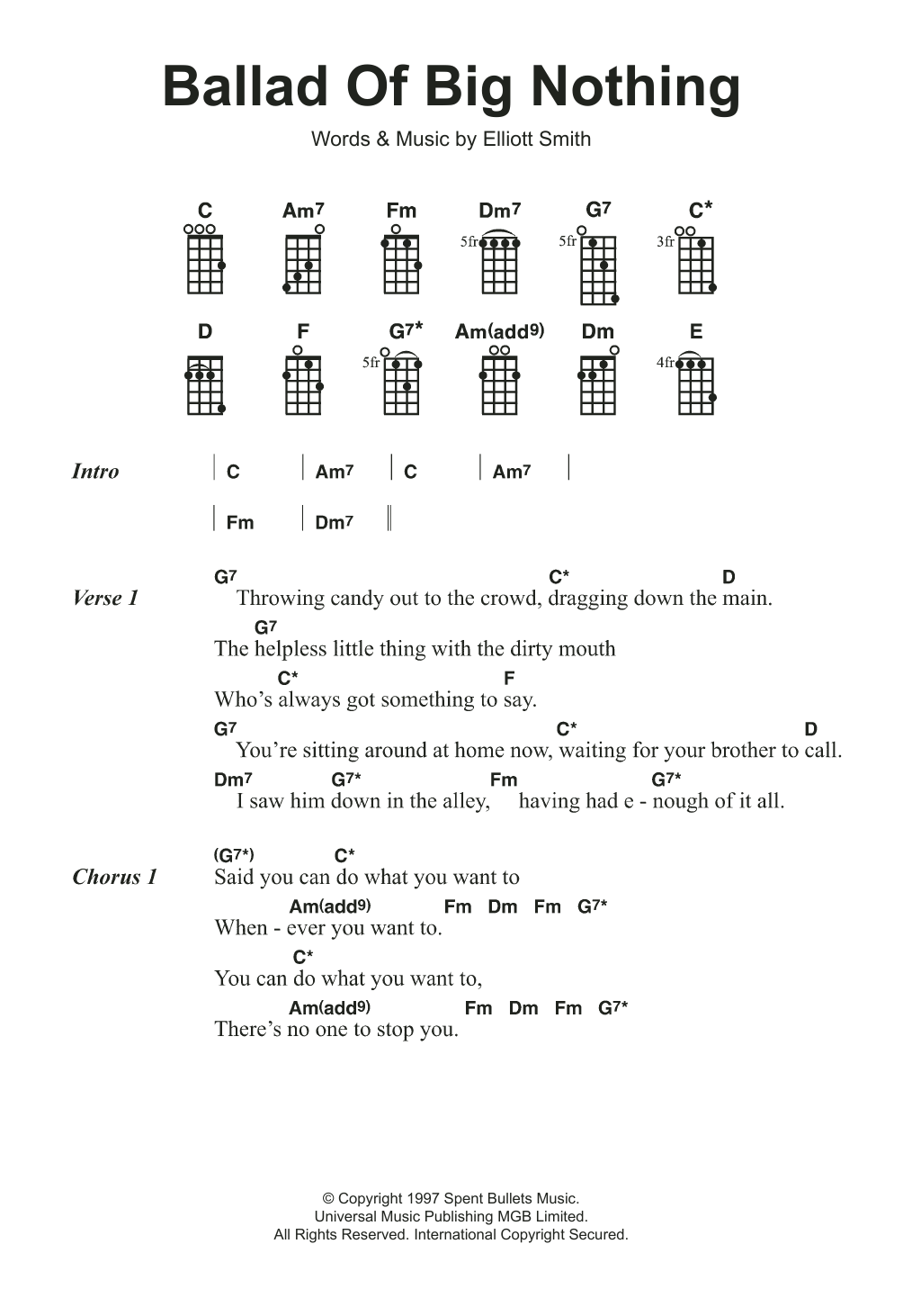 Elliott Smith Ballad Of Big Nothing sheet music notes and chords arranged for Ukulele