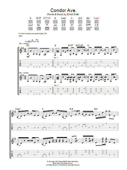 Elliott Smith Condor Ave. sheet music notes and chords arranged for Guitar Tab