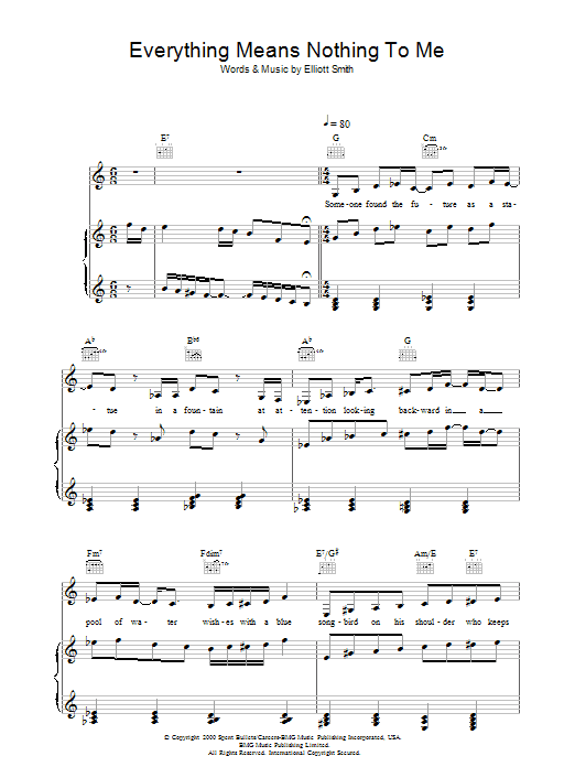 Elliott Smith Everything Means Nothing To Me sheet music notes and chords arranged for Piano, Vocal & Guitar Chords