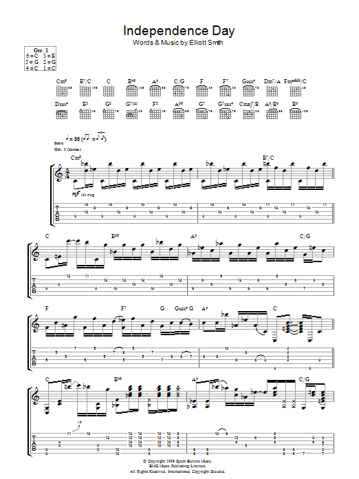 Elliott Smith Independence Day sheet music notes and chords arranged for Guitar Tab