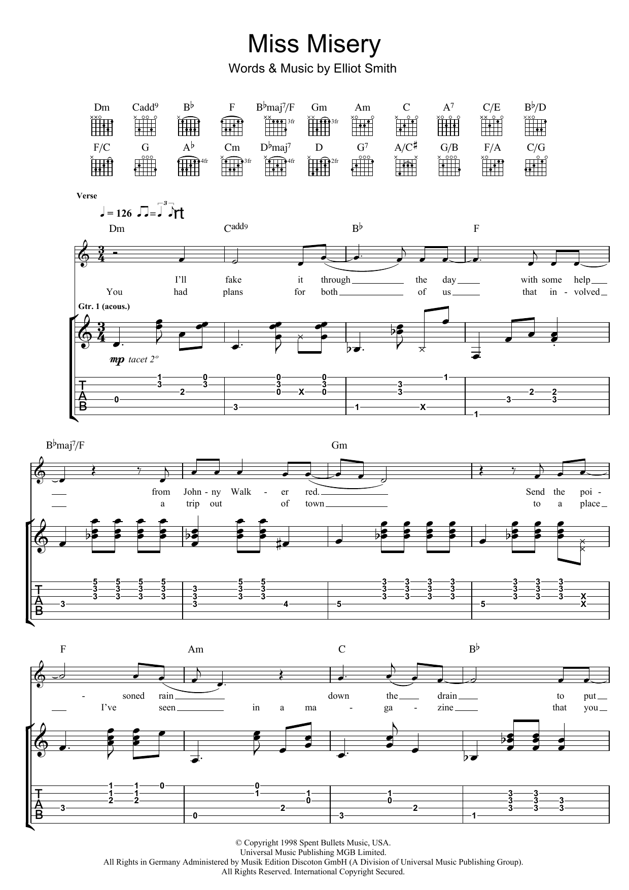 Elliott Smith Miss Misery sheet music notes and chords arranged for Guitar Chords/Lyrics