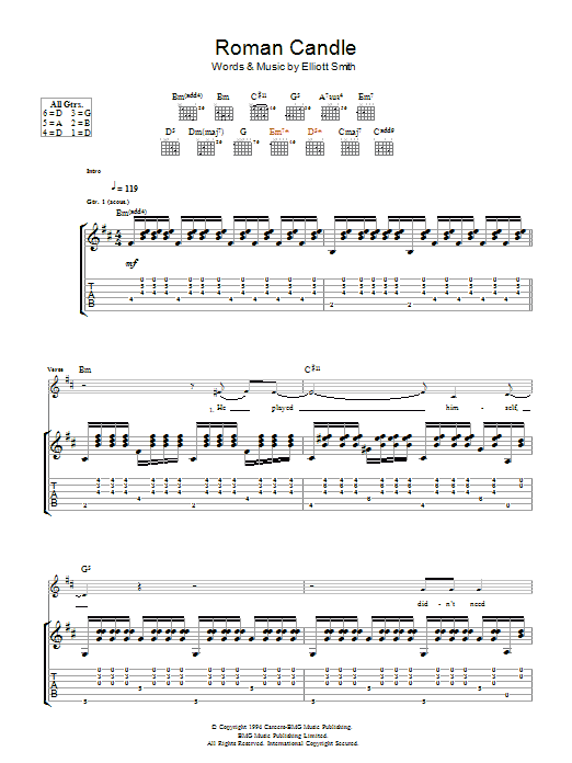 Elliott Smith Roman Candle sheet music notes and chords arranged for Guitar Tab