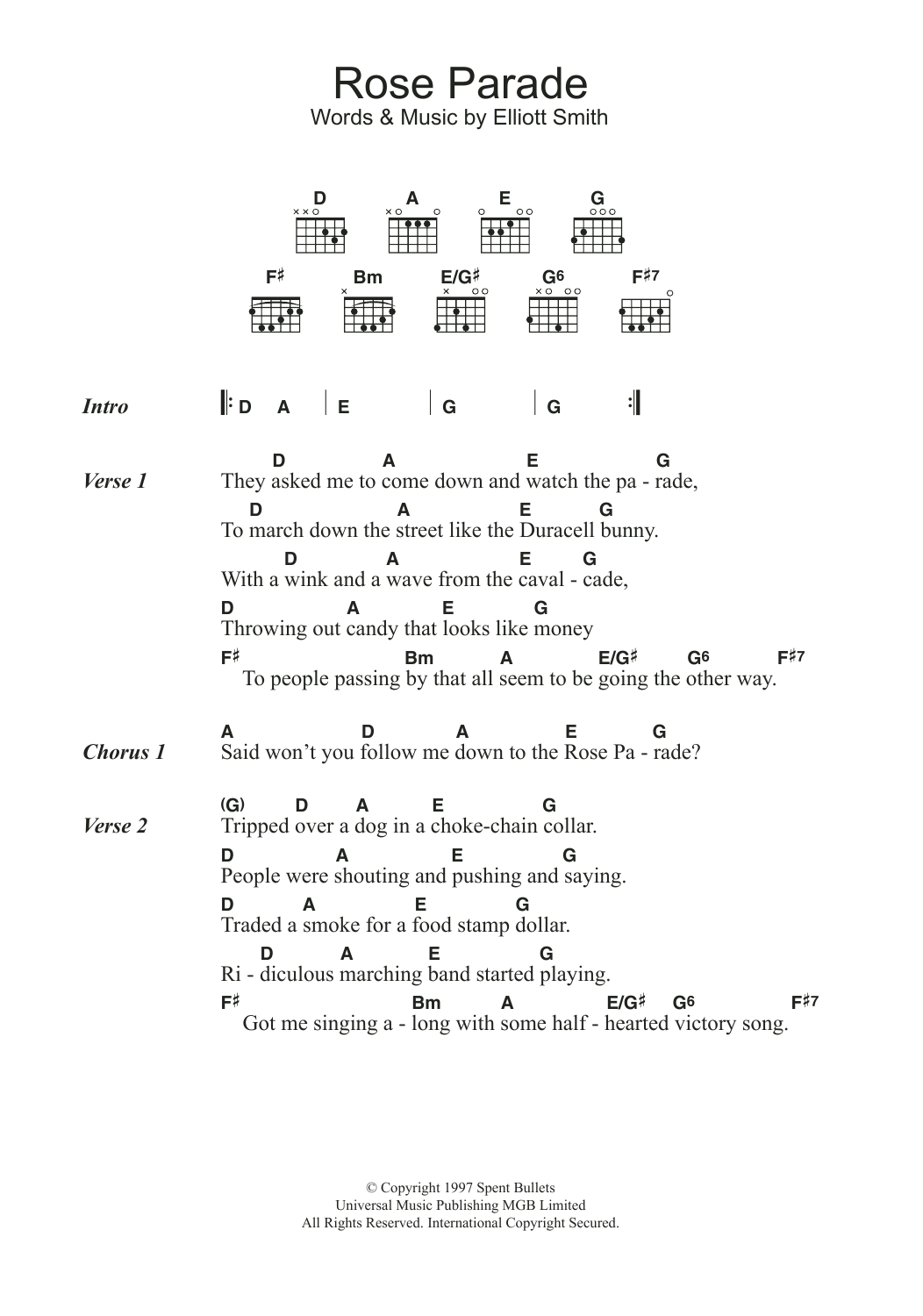 Elliott Smith Rose Parade sheet music notes and chords arranged for Guitar Chords/Lyrics