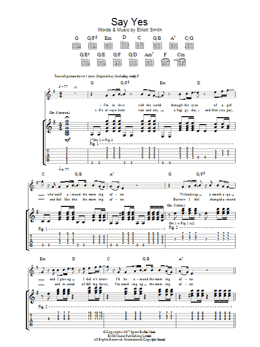 Elliott Smith Say Yes sheet music notes and chords arranged for Guitar Chords/Lyrics