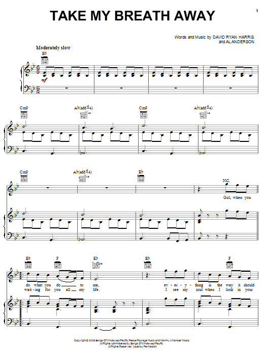 Elliott Yamin Take My Breath Away sheet music notes and chords arranged for Piano, Vocal & Guitar Chords (Right-Hand Melody)