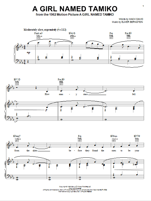 Elmer Bernstein A Girl Named Tamiko sheet music notes and chords arranged for Piano, Vocal & Guitar Chords (Right-Hand Melody)