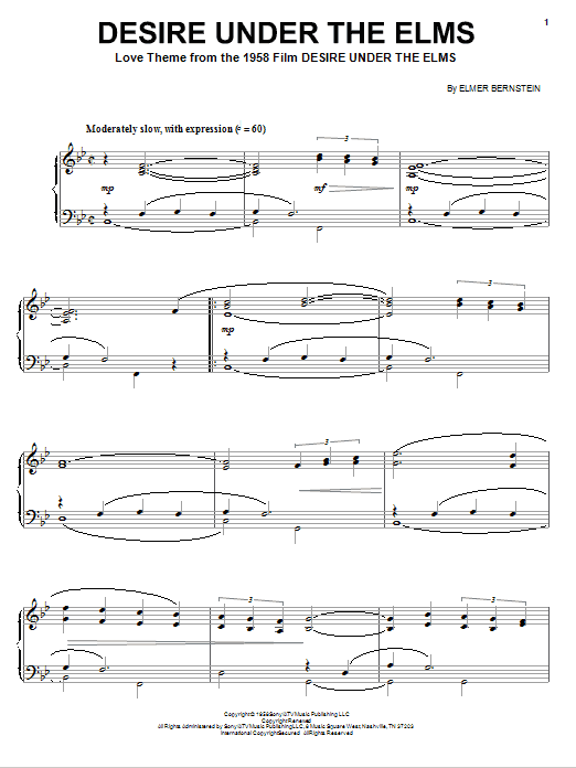 Elmer Bernstein Desire Under The Elms sheet music notes and chords arranged for Piano Solo