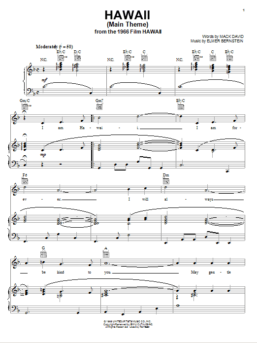 Elmer Bernstein Hawaii (Main Theme) sheet music notes and chords arranged for Piano, Vocal & Guitar Chords (Right-Hand Melody)