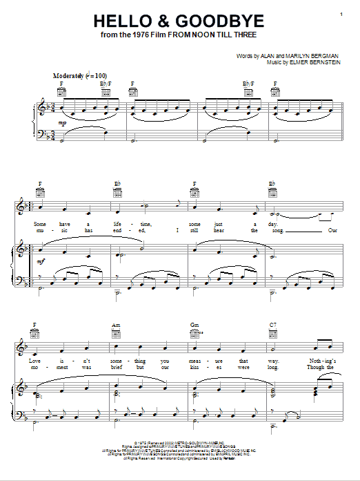 Elmer Bernstein Hello & Goodbye sheet music notes and chords arranged for Piano, Vocal & Guitar Chords (Right-Hand Melody)