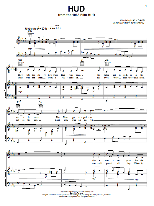Elmer Bernstein Hud sheet music notes and chords arranged for Piano, Vocal & Guitar Chords (Right-Hand Melody)