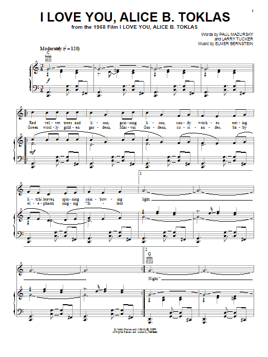 Elmer Bernstein I Love You, Alice B. Toklas sheet music notes and chords arranged for Piano, Vocal & Guitar Chords (Right-Hand Melody)