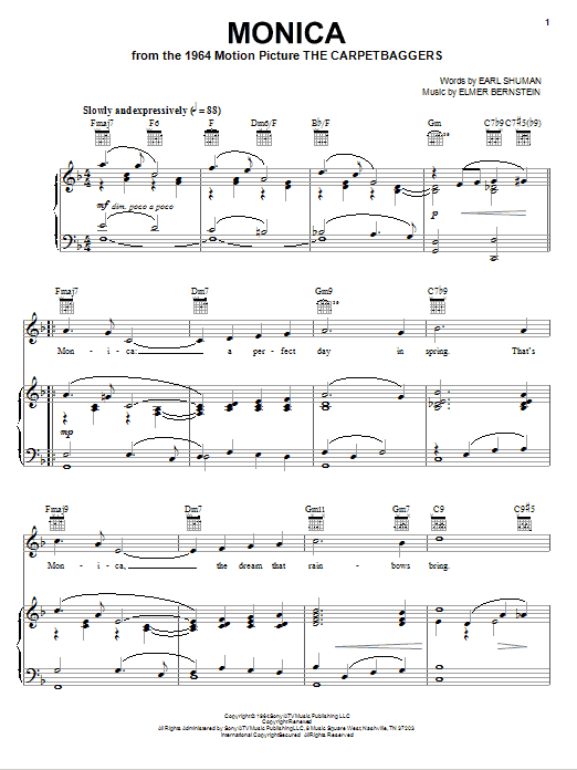 Elmer Bernstein Monica sheet music notes and chords arranged for Piano, Vocal & Guitar Chords (Right-Hand Melody)
