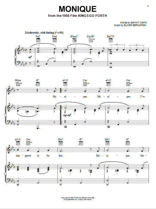 Elmer Bernstein Monique sheet music notes and chords arranged for Piano, Vocal & Guitar Chords (Right-Hand Melody)