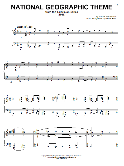 Elmer Bernstein National Geographic Theme sheet music notes and chords arranged for Piano Solo