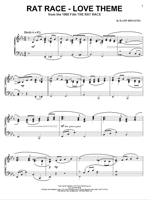 Elmer Bernstein Rat Race - Love Theme sheet music notes and chords arranged for Piano Solo