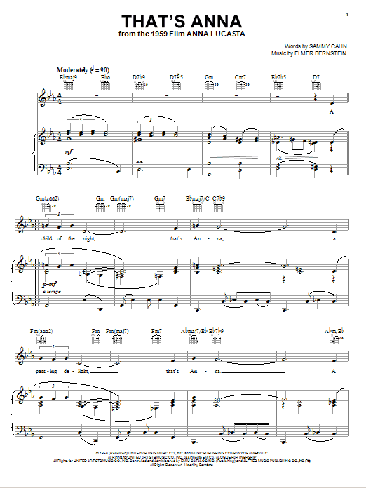 Elmer Bernstein That's Anna sheet music notes and chords arranged for Piano, Vocal & Guitar Chords (Right-Hand Melody)