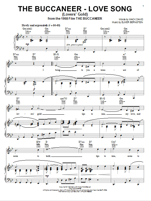 Elmer Bernstein The Buccaneer - Love Song sheet music notes and chords arranged for Piano, Vocal & Guitar Chords (Right-Hand Melody)