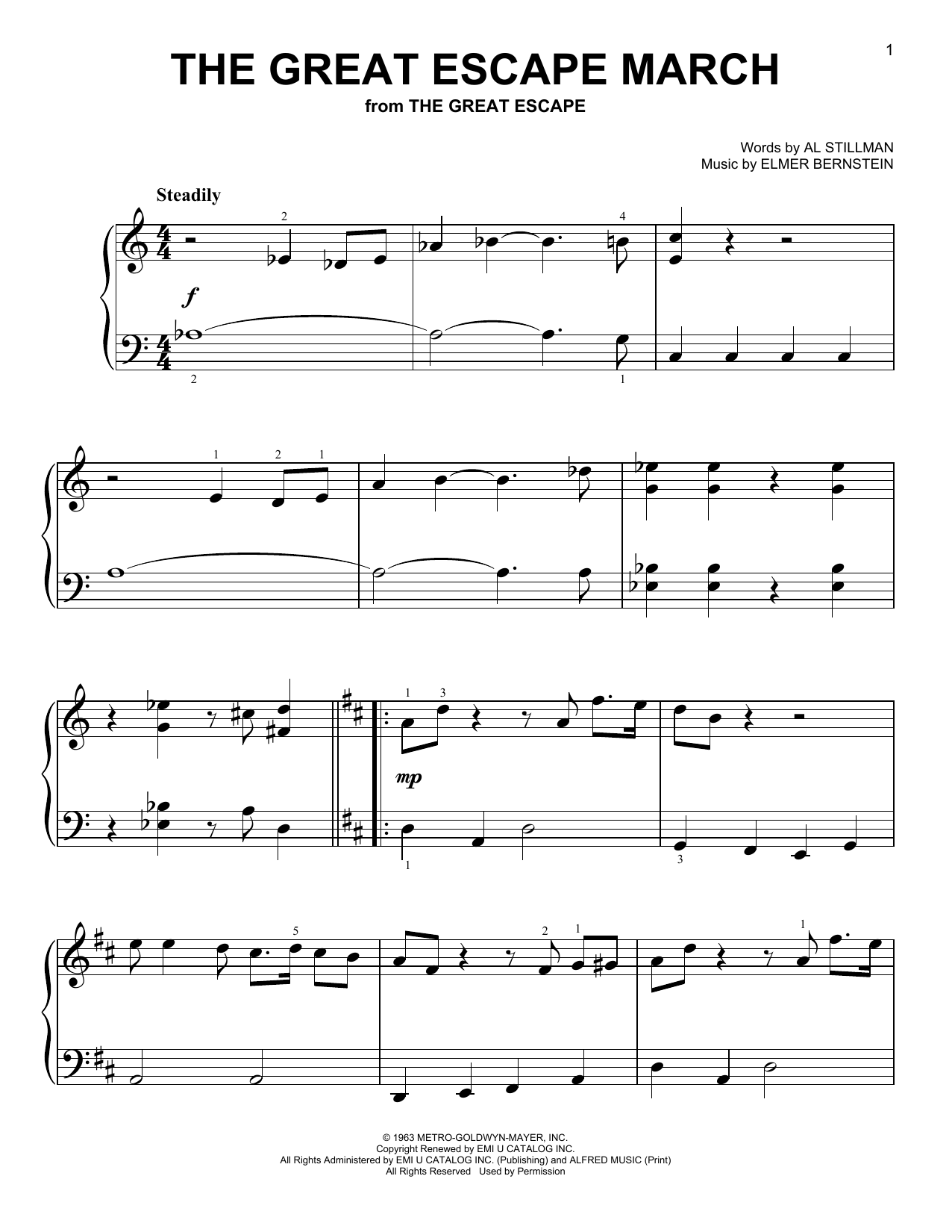 Elmer Bernstein The Great Escape March (from The Great Escape) sheet music notes and chords arranged for Easy Piano