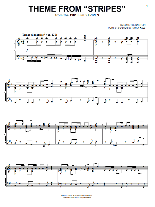 Elmer Bernstein Theme from Stripes sheet music notes and chords arranged for Piano Solo