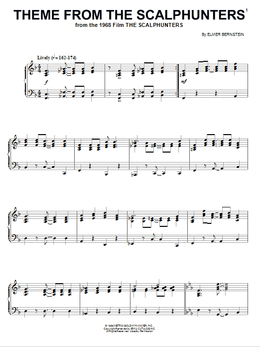 Elmer Bernstein Theme from The Scalphunters sheet music notes and chords arranged for Piano Solo