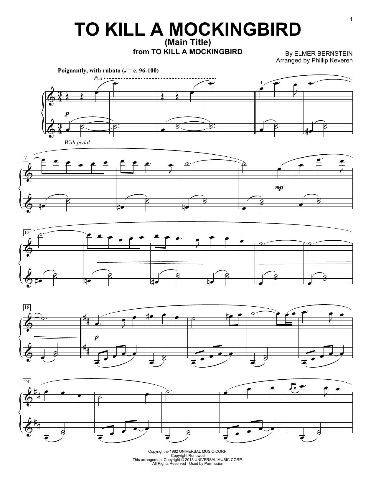 Elmer Bernstein To Kill A Mockingbird - Main Title (arr. Phillip Keveren) sheet music notes and chords arranged for Piano Solo