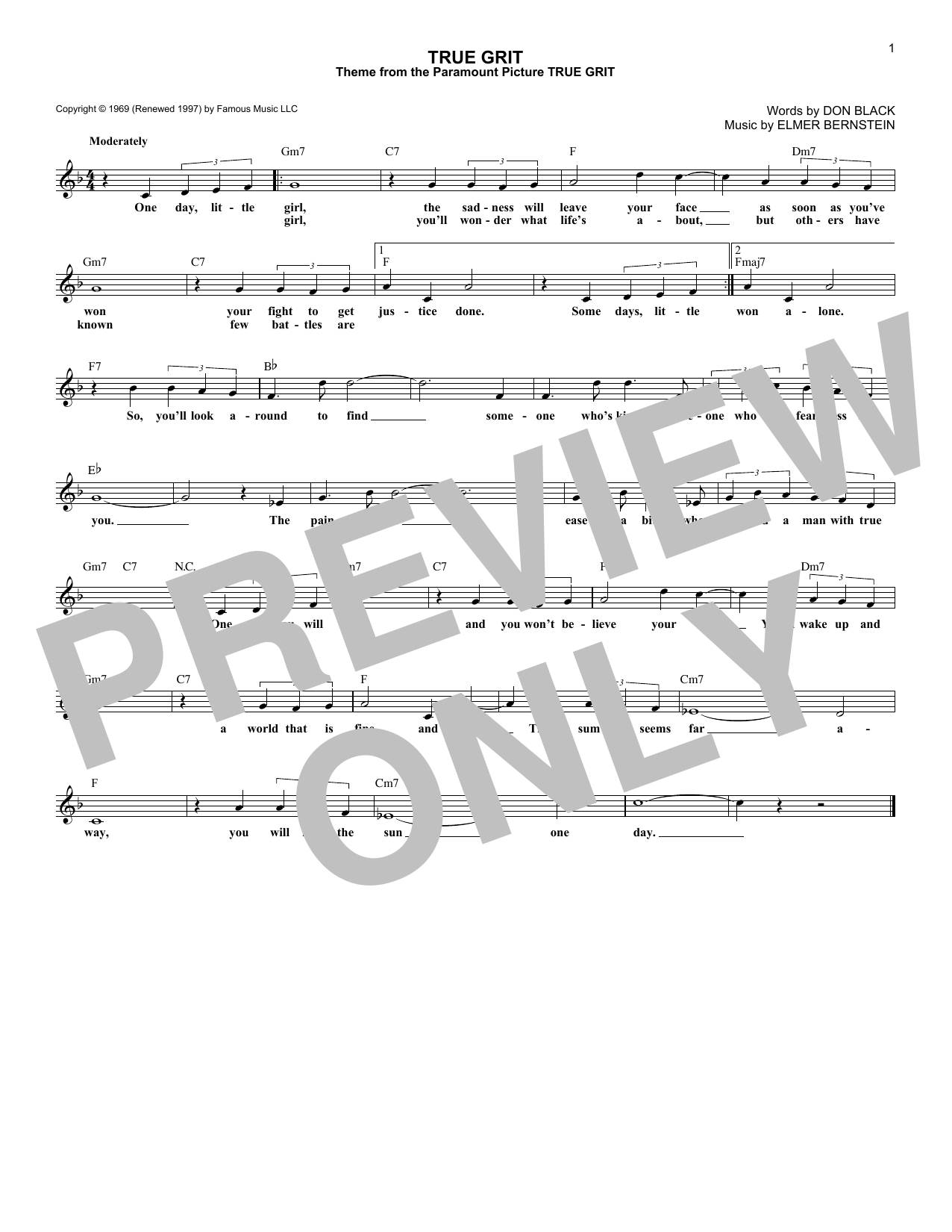 Elmer Bernstein True Grit sheet music notes and chords arranged for Lead Sheet / Fake Book