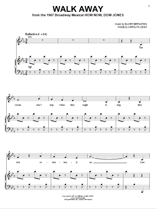 Elmer Bernstein Walk Away sheet music notes and chords arranged for Piano, Vocal & Guitar Chords (Right-Hand Melody)