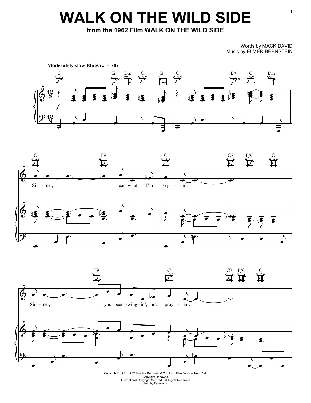 Elmer Bernstein Walk On The Wild Side sheet music notes and chords arranged for Piano, Vocal & Guitar Chords (Right-Hand Melody)