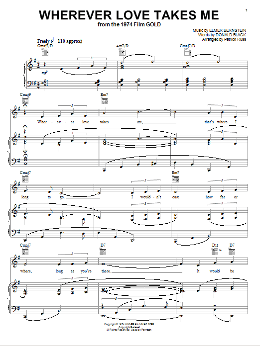 Elmer Bernstein Wherever Love Takes Me sheet music notes and chords arranged for Piano, Vocal & Guitar Chords (Right-Hand Melody)