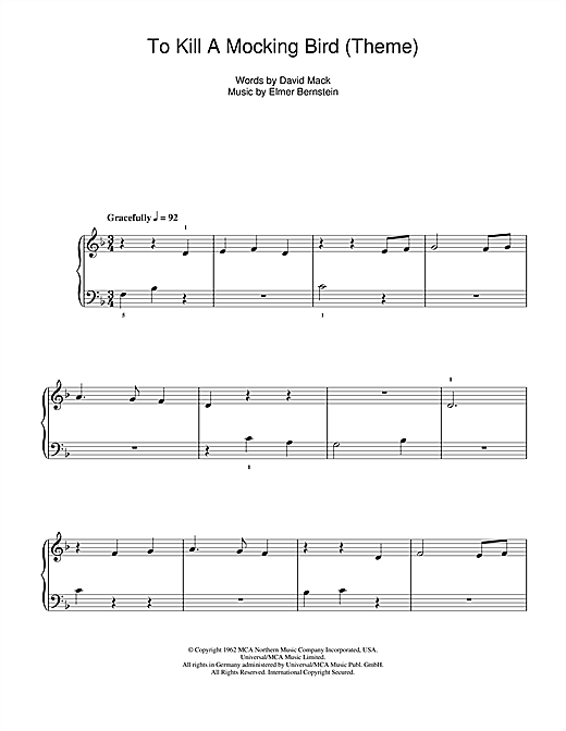 Elmer Bernstein To Kill A Mockingbird (Theme) sheet music notes and chords arranged for 5-Finger Piano