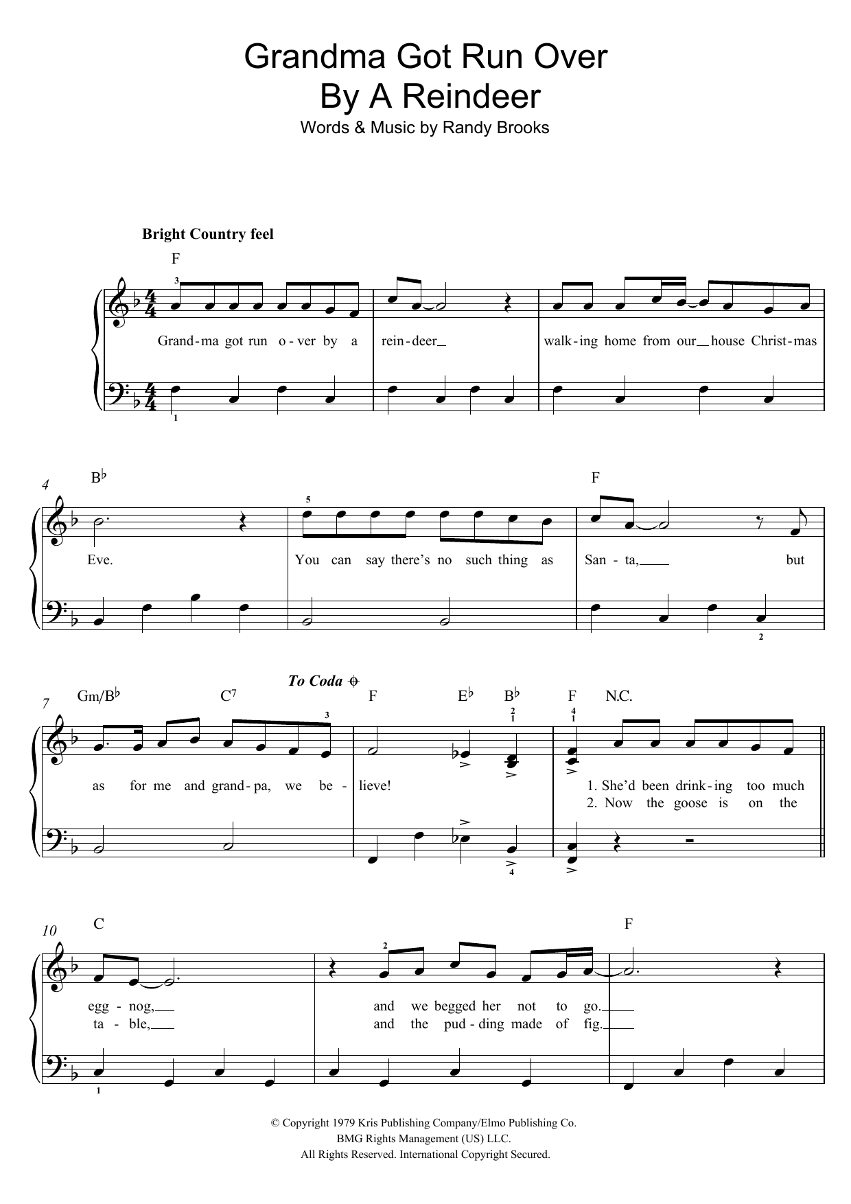 Elmo & Patsy Grandma Got Run Over By A Reindeer sheet music notes and chords arranged for Easy Piano
