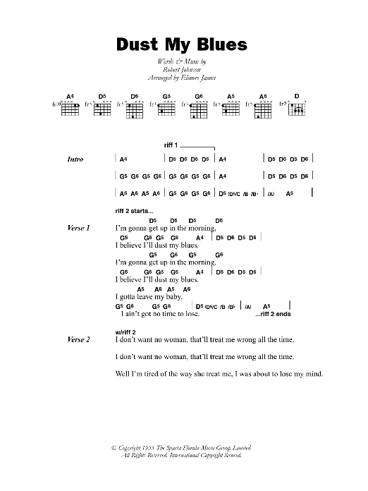 Elmore James Dust My Blues sheet music notes and chords arranged for Guitar Chords/Lyrics