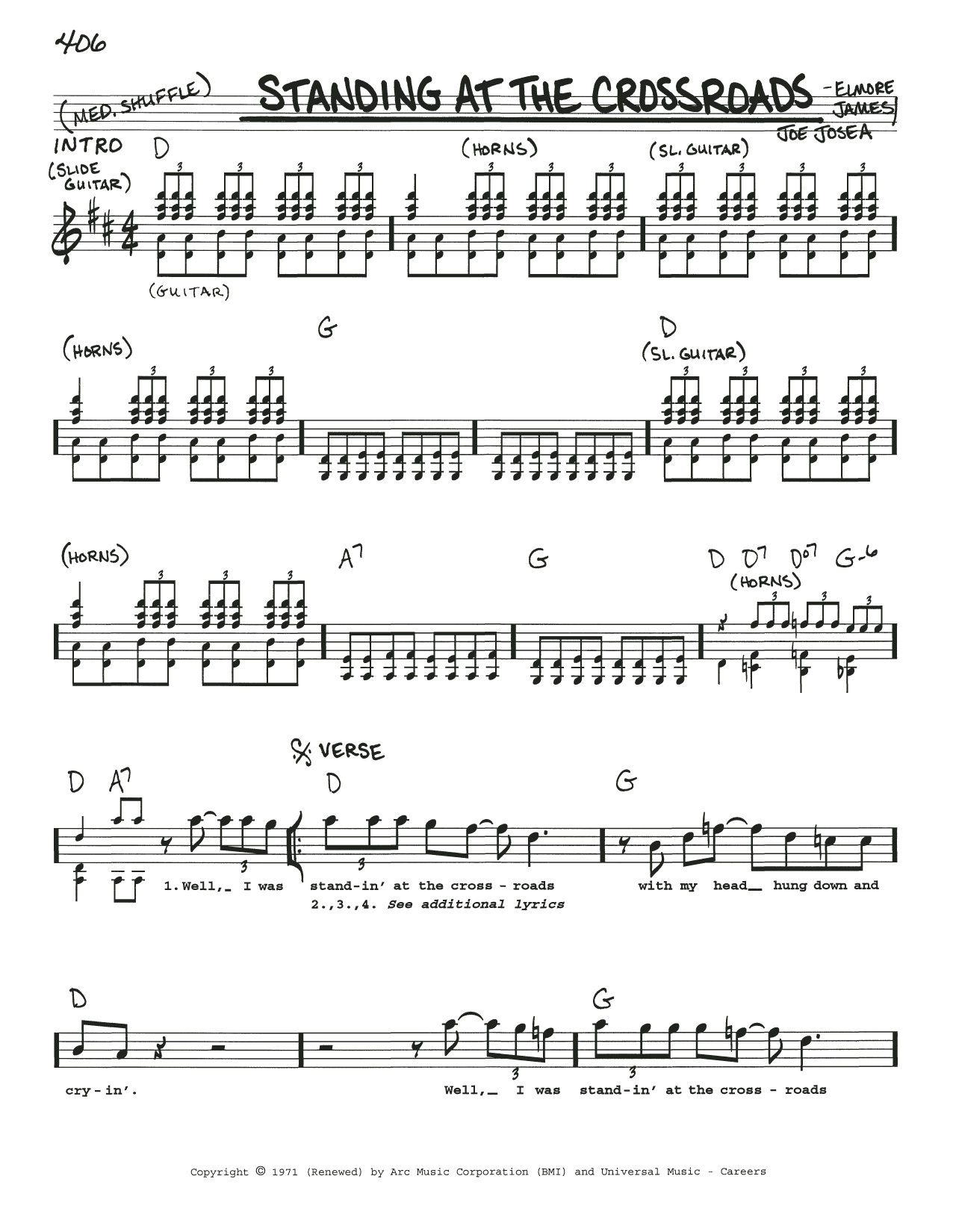 Elmore James Standing At The Crossroads sheet music notes and chords arranged for Real Book – Melody, Lyrics & Chords