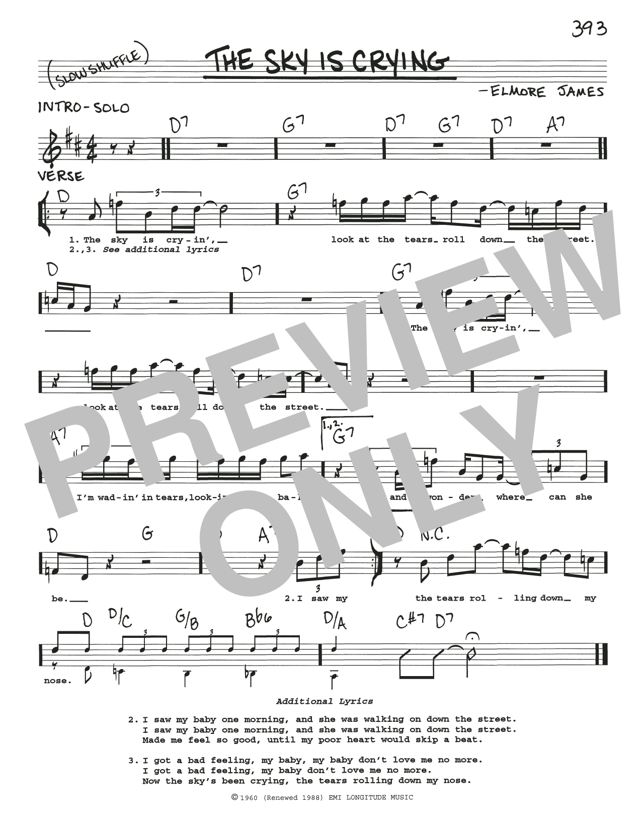 Elmore James The Sky Is Crying sheet music notes and chords arranged for Real Book – Melody, Lyrics & Chords
