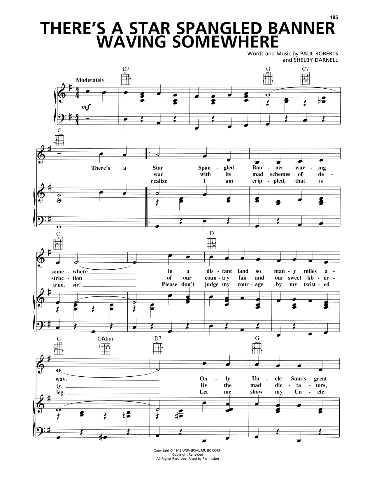 Elton Britt There's A Star Spangled Banner Waving Somewhere sheet music notes and chords arranged for Piano, Vocal & Guitar Chords (Right-Hand Melody)