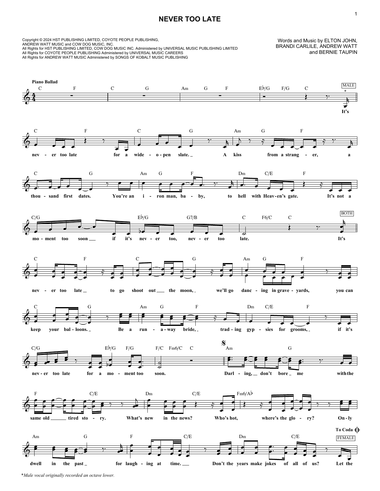 Elton John & Brandi Carlile Never Too Late sheet music notes and chords arranged for Piano, Vocal & Guitar Chords (Right-Hand Melody)
