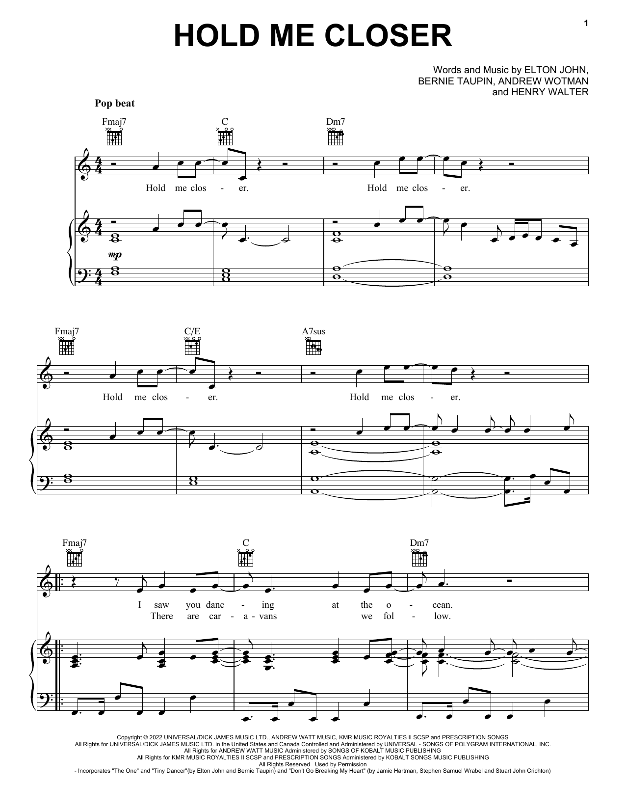 Elton John & Britney Spears Hold Me Closer sheet music notes and chords arranged for Easy Piano